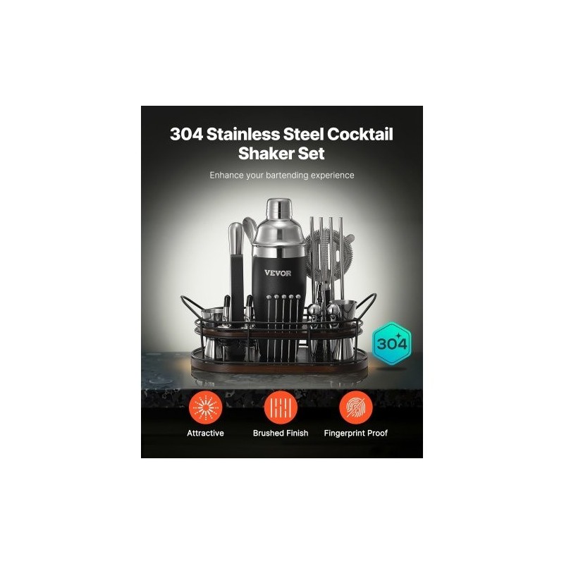 Cocktailshaker ja baarityökalusetti 23-osainen 304-ruostumatonta terästä bambutelineellä kotikäyttöön