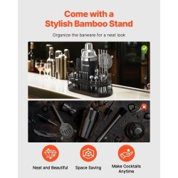 Cocktailshaker ja baarityökalusetti 23-osainen 304-ruostumatonta terästä bambutelineellä kotikäyttöön