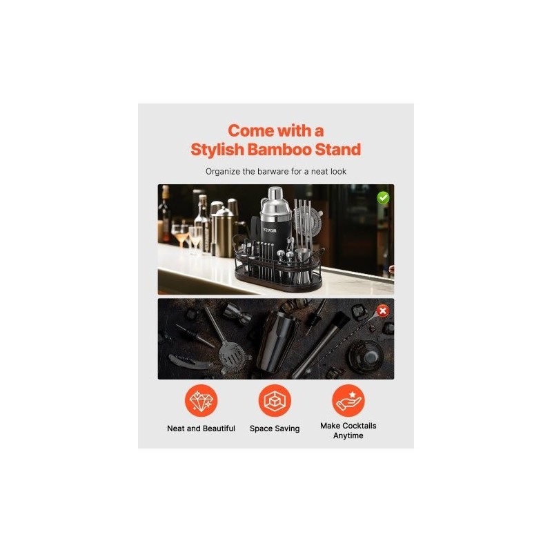 Cocktailshaker ja baarityökalusetti 23-osainen 304-ruostumatonta terästä bambutelineellä kotikäyttöön