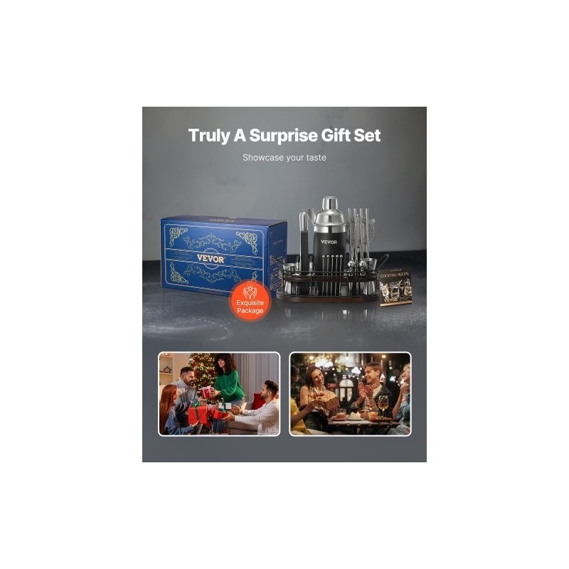 Cocktailshaker ja baarityökalusetti 23-osainen 304-ruostumatonta terästä bambutelineellä kotikäyttöön