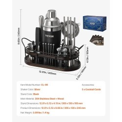 Cocktailshaker ja baarityökalusetti 23-osainen 304-ruostumatonta terästä bambutelineellä kotikäyttöön