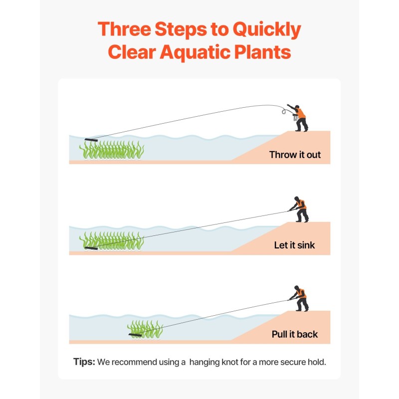 Rautainen vesikasviharava 9 m nailonköydellä 215 mm piikeillä verkkopussilla