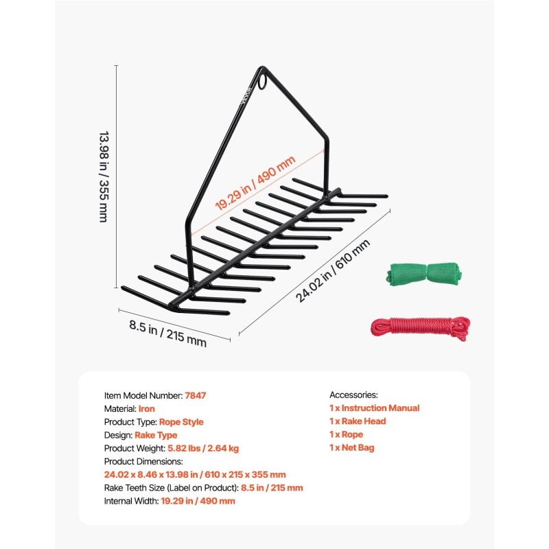 Rautainen vesikasviharava 9 m nailonköydellä 215 mm piikeillä verkkopussilla