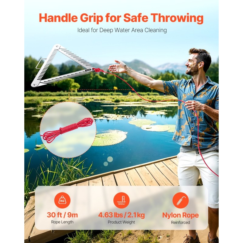 Vesikasaharava 24-tuumainen kolmisivuinen taittuva varsi ruostumaton teräs 9-metrinen köysi