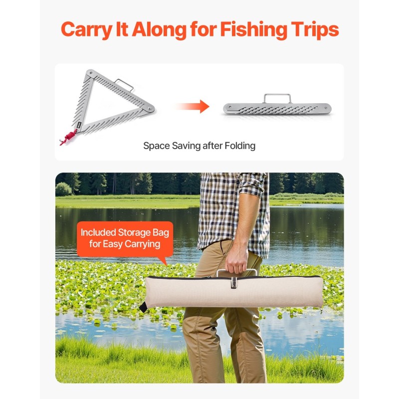 Vesikasaharava 24-tuumainen kolmisivuinen taittuva varsi ruostumaton teräs 9-metrinen köysi