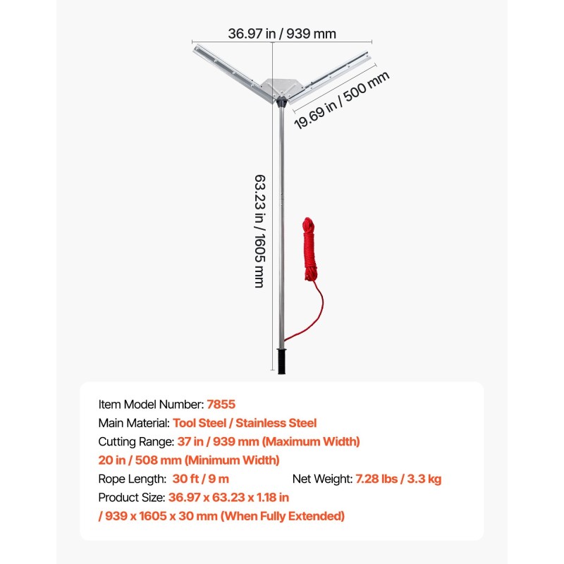 Järviruohonleikkuri ja harava ruostumaton teräsvarsi karkaistut terät 508–939 mm 9 m köysi