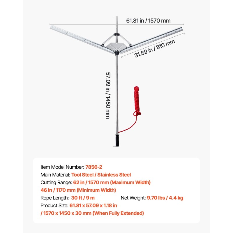 Järvi- ja lampikasvien leikkuri ruostumaton varsi 1,17–1,57 m leikkuuleveys 9 m köysi