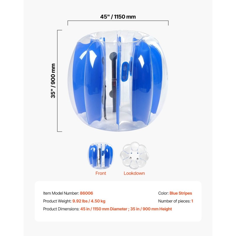 Täytettävä törmäyspallo 1,2 m paksusta PVC-muovista siniraidallinen ulkoleikkeihin