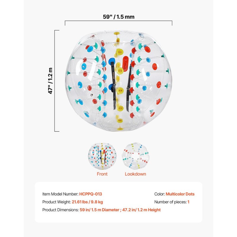 Ilmatäytteinen kehopallo 1,5 m 0,8 mm PVC-muovia kahvoilla olkahihnoilla ulkoleikkeihin