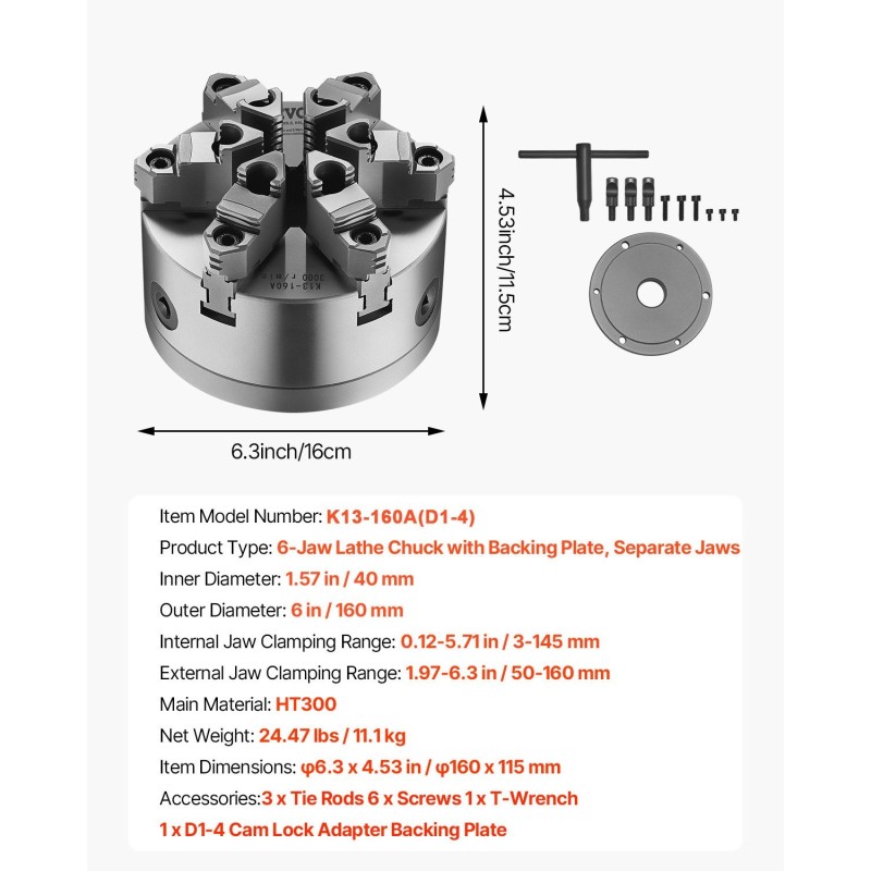 Sorvin istukka 6-leukainen valurautainen 160 mm itsestään keskittävä puu ja metallisorville