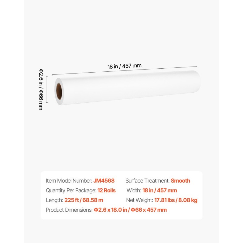 Tutkimuspöydän paperirulla 18 tuumaa 12 rullaa sileä vuotitiivis repäisykestävä