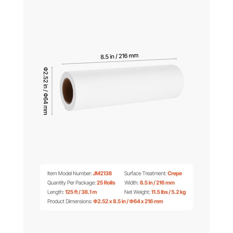 Niskatuen suojapaperirullat 25 rullaa krepattu 20 g/m² 215 mm 38,1 m