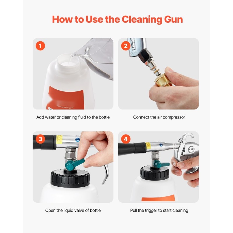 Korkeapaineinen paineilmakäyttöinen puhdistuspyssy yhden litran säiliöllä kahdella suuttimella