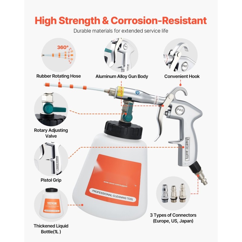 Paineilmatoiminen puhdistuspistooli autojen puhdistukseen yhden litran säiliöllä kaksi suutinta 6–9,2 bar