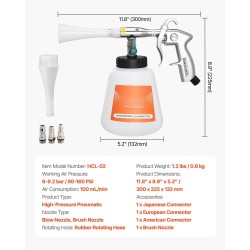 Paineilmatoiminen puhdistuspistooli autojen puhdistukseen yhden litran säiliöllä kaksi suutinta 6–9,2 bar