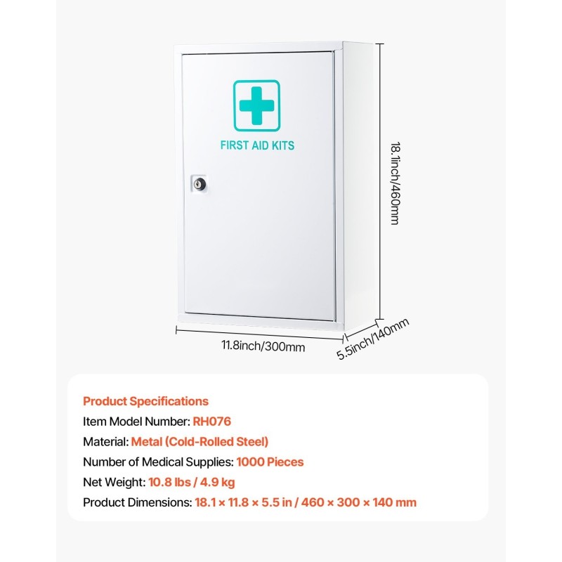 Seinälle asennettava metallinen ensiapukaappi kylmävalssattu teräs 3 hyllyä 1000 ensiaputarviketta
