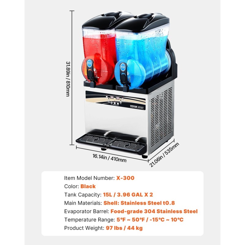 Kaupallinen jääjuomakone kaksilla 15 litran säiliöillä ruostumaton teräs musta