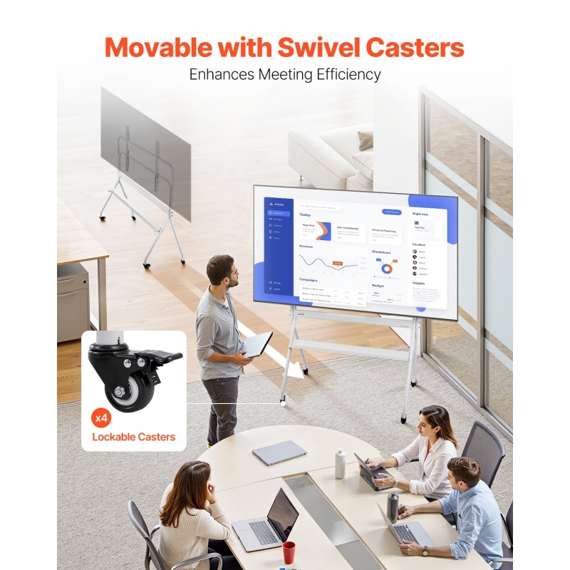 Manuaalinen teräslattiateline televisiolle 35–100 tuuman korkeussäädettävä pyörillä 90 kg kantavuus