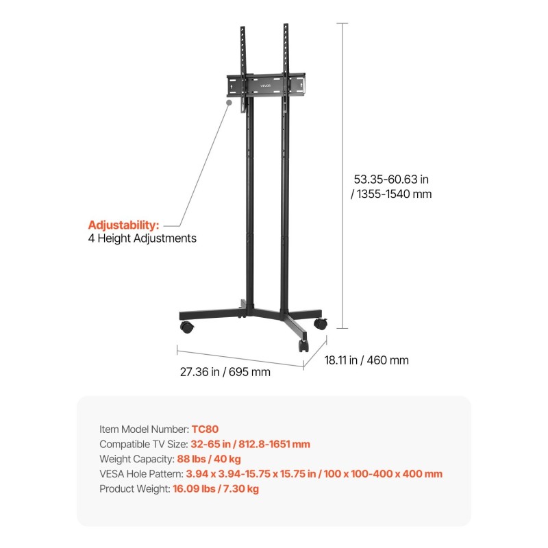 Lattiateline televisiolle teräsrakenne 32–65 tuumaa pyörillä kantavuus 40 kg