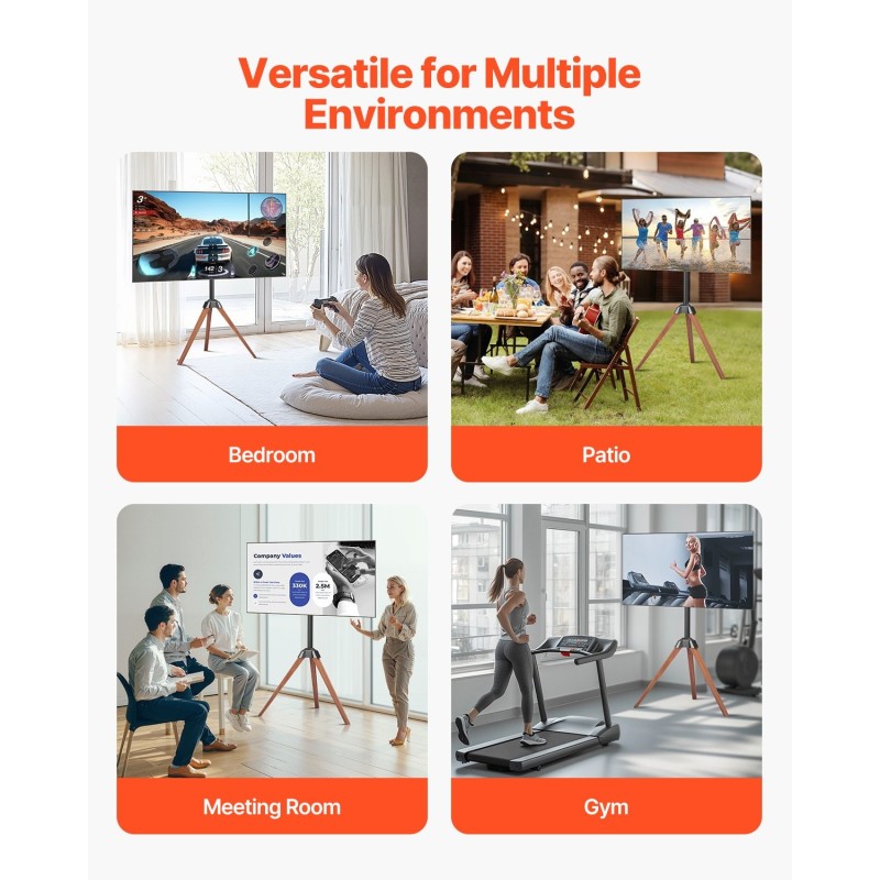 Kolmijalkainen TV-teline teräsrunko tammijaloilla 40–65 tuumaa kääntyvä 18 astetta
