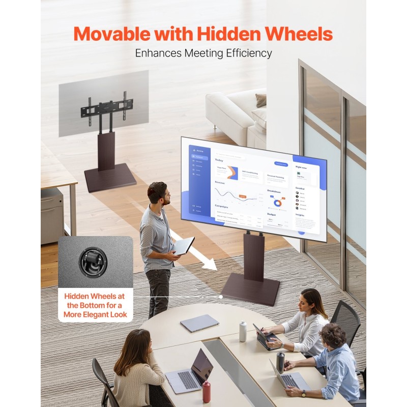 Manuaalinen lattiateline teräsrunkoinen korkeussäädettävä 32–70 tuuman televisioille pyörillä