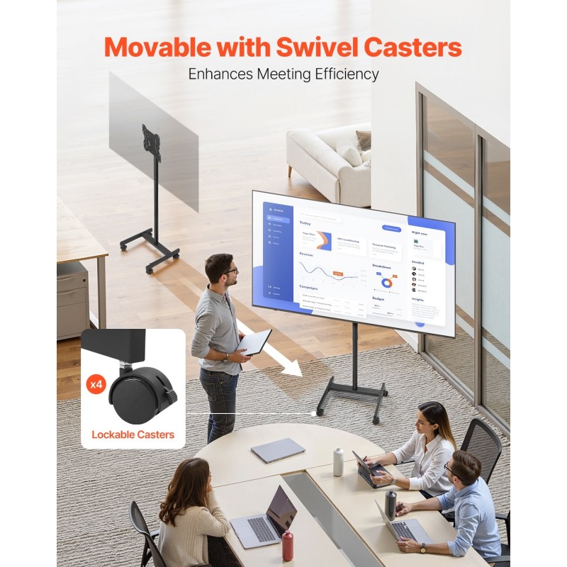 Lattialla seisova manuaalinen teräsrunkoinen televisioteline pyörillä 17–55 tuuman 20 kg kantavuus