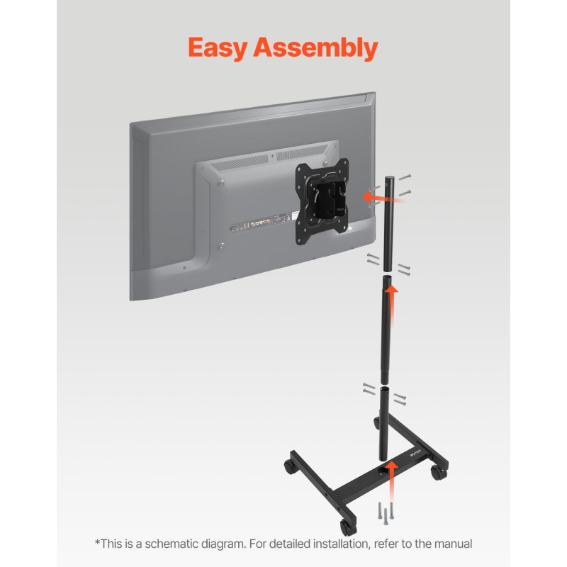 Lattialla seisova manuaalinen teräsrunkoinen televisioteline pyörillä 17–55 tuuman 20 kg kantavuus