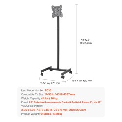 Lattialla seisova manuaalinen teräsrunkoinen televisioteline pyörillä 17–55 tuuman 20 kg kantavuus