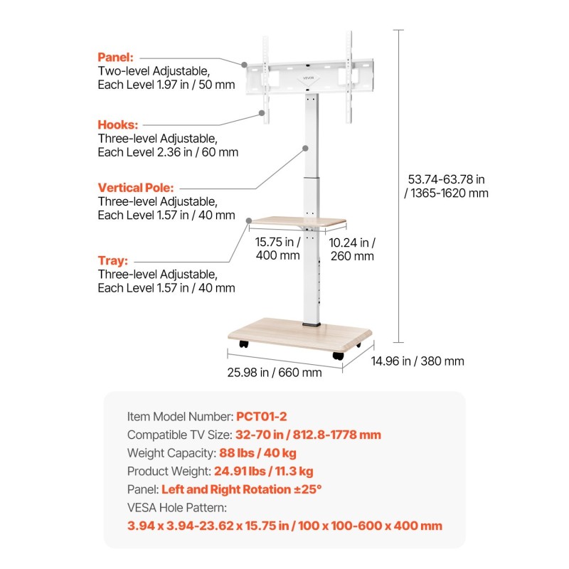 Manuaalinen lattialla seisova teräksinen televisioteline pyörillä 32–70 tuumaa 40 kg