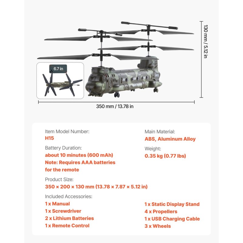 Kauko-ohjattava helikopteri iskunkestävä ABS-runko 350 mm litiumakku 2.4 GHz 8-vuotiaille LED-valoilla