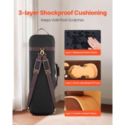 Viulukotelo 4/4 kokoinen kestävä nailonkangas plyyshinen sisus sisäänrakennettu hygrometri kaksinkertaiset olkahihnat