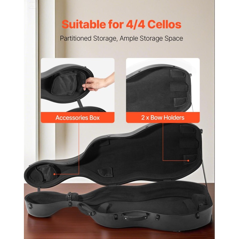 Sellokotelo 4/4-koko komposiittinen hiilikuitupinta pehmeä sisäverhous musta olkahihnat