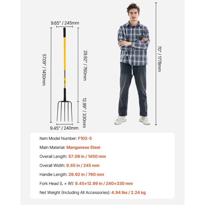 Puutarhatalikko 5-piikkinen mangaaniteräspää lasikuituvarsi 1450 mm ergonominen Y-kahva