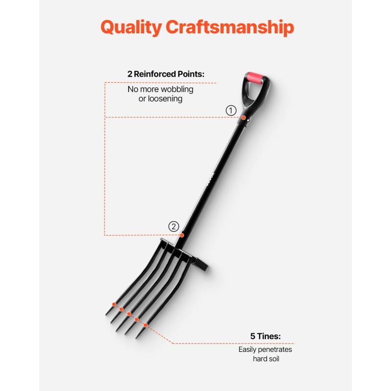 Puutarhatalikko raskaan käytön 5-piikkinen taottu teräspää 1050 mm metallivarsi ergonominen Y-kahva