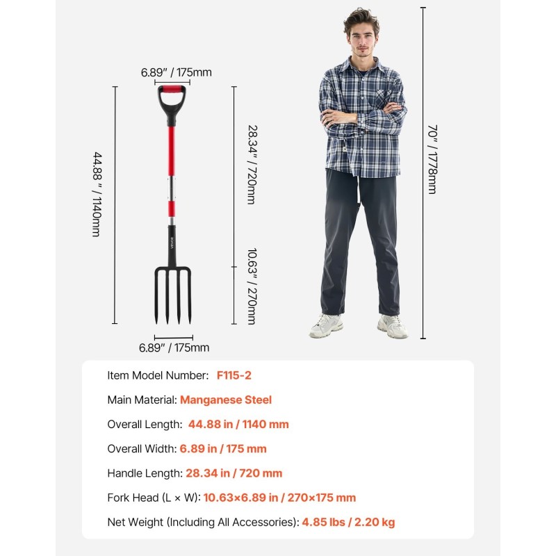 Puutarhatalikko nelipiikkinen mangaaniteräinen talikkopää lasikuituvarsi Y-muotoinen kahva 1140 mm