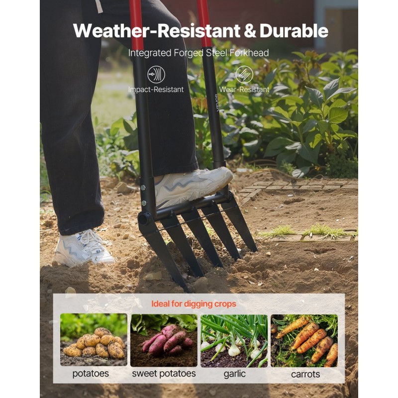 Puutarhatalikko leveä viisihaarainen mangaaniteräksinen talikonpää lasikuituvarsi ergonominen kahva