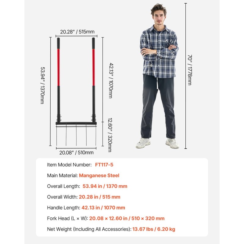 Puutarhatalikko leveä viisihaarainen mangaaniteräksinen talikonpää lasikuituvarsi ergonominen kahva