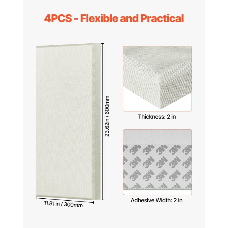 Akustiset seinäpaneelit 4 kpl 600x300x50 mm beige lasikuitu 3M-itseliimautuva