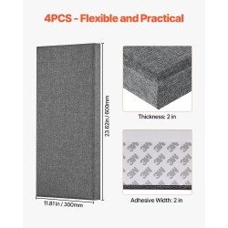 Akustiikkapaneelit 100-prosenttinen lasikuituvuoraus 50 mm paksu 600×300 mm 4 kpl harmaa