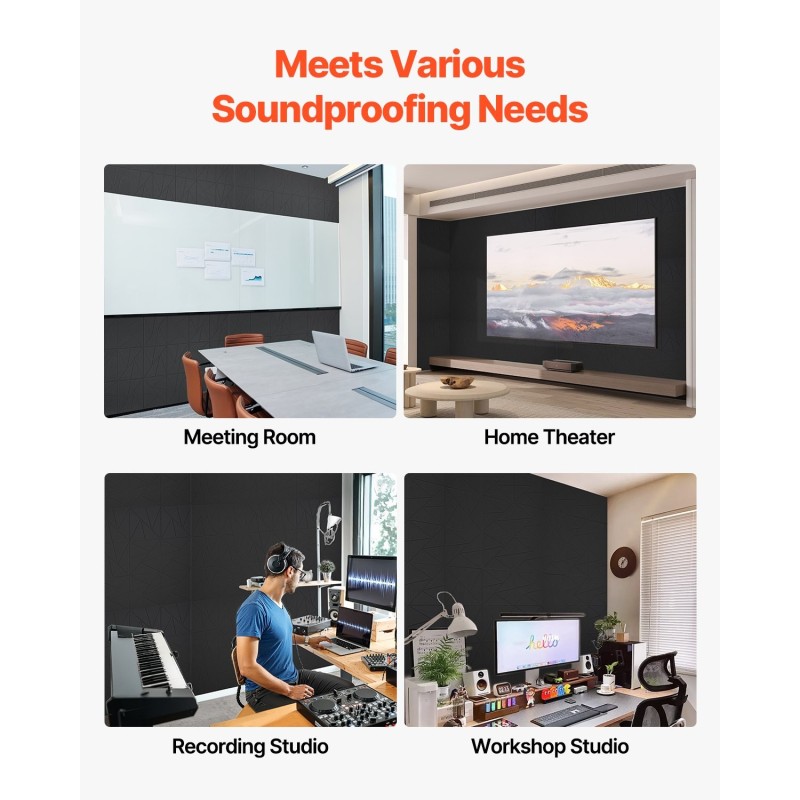 Akustiikkapaneelit polyesterikuitu itsekiinnittyvä tausta 300×300×10 mm 18 kpl musta