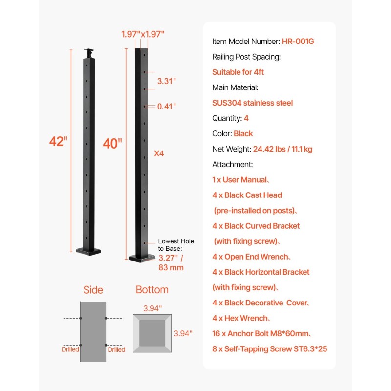 Kaapeli-kaidetolppasarja ruostumaton teräs 42x2x2 musta 4 kpl esiporatut reiät