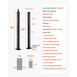 Kaapelikaidepylväät 4 kpl SUS304-ruostumatonta terästä 36x1x2 tuumaa musta