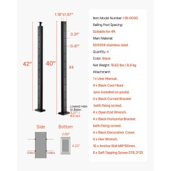 Kaapelikaihdetolppasarja SUS304 ruostumaton teräs 4 tolppaa musta esiporatut reiät