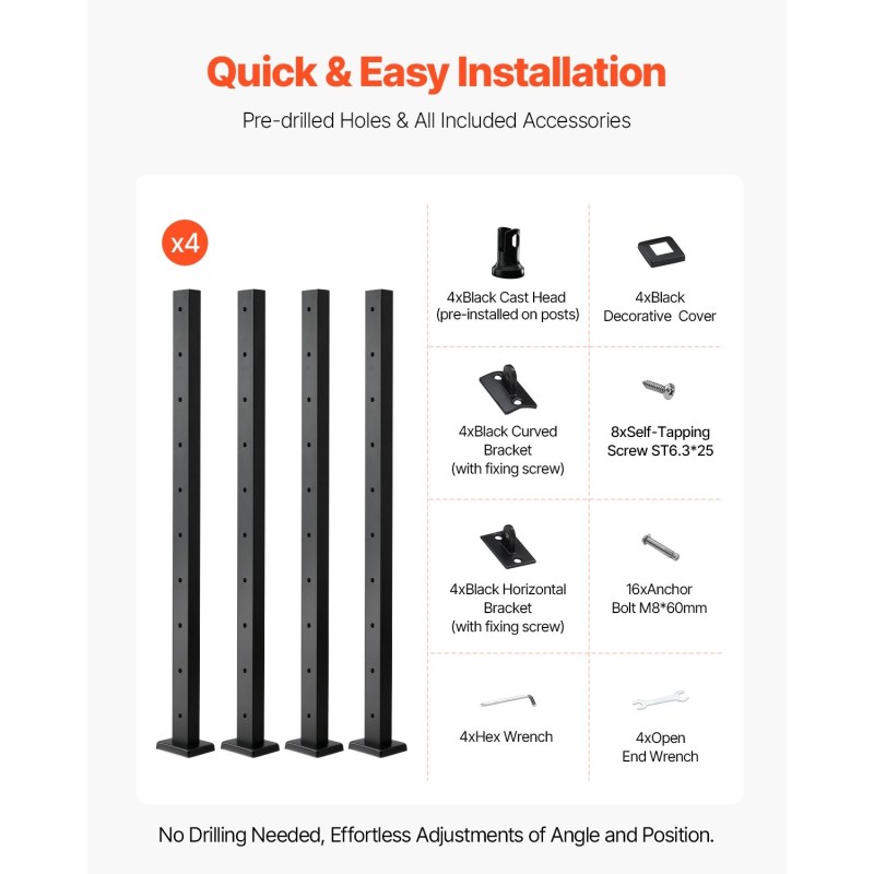 Kaapelikäsijohteen tolppasarja 4 kpl SUS304 ruostumatonta terästä 36x2x2 tuumaa musta