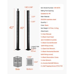 Kulma-kaidetolppa SUS304 ruostumaton teräs 42x2x2 tuumaa L-tyypin reiät 1 kpl
