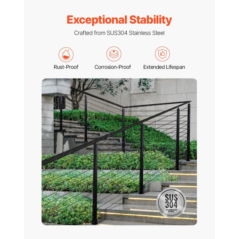 Kaidetolppa ruostumatonta terästä SUS304 42x1x2 tuumainen yksi kappale portaisiin musta