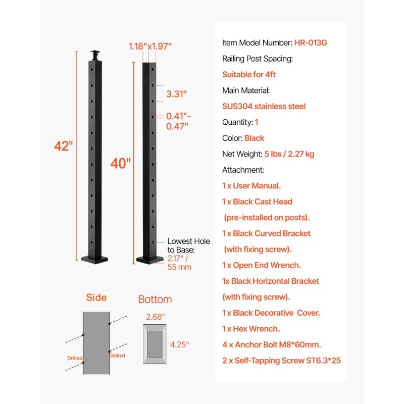 Kaidetolppa ruostumatonta terästä SUS304 42x1x2 tuumainen yksi kappale portaisiin musta