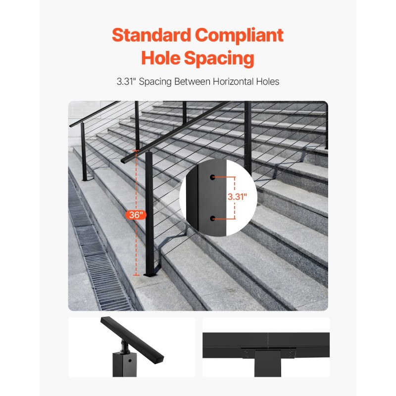 Johdotettu kaidetolppa portaisiin SUS304-ruostumattomasta teräksestä 36x2x2-tuumainen musta 1 kpl