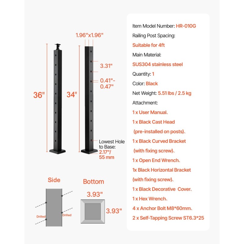 Johdotettu kaidetolppa portaisiin SUS304-ruostumattomasta teräksestä 36x2x2-tuumainen musta 1 kpl