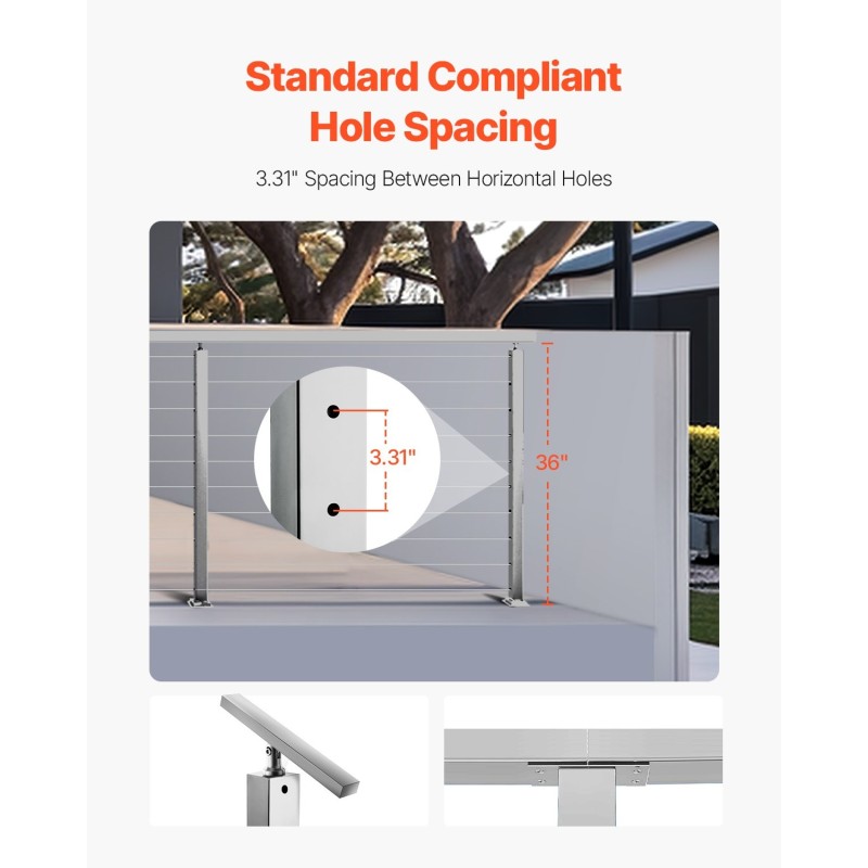 Kaidepylväs SUS304-ruostumatonta terästä 36x2x2-tuumainen esiporattu 3 tuuman reikäväli kaiteisiin 1 kpl